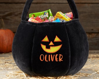 Jack-o'-Lantern Embroidered Black Plush Halloween Treat Bag for kids – Trick or Treat Bag – Candy Bag – Personalized Halloween treat bag