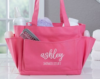 Embroidered Scripty Name Pink Shower Caddy – Personalized Dorm Bathroom Organizer – Custom Name Bathroom Storage for Women – Dorm Room Gifts