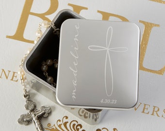 Holy Name Personalized First Communion Trinket Rosary Box, Engraved Jewelry Box, First Communion Gift, Religious Gift