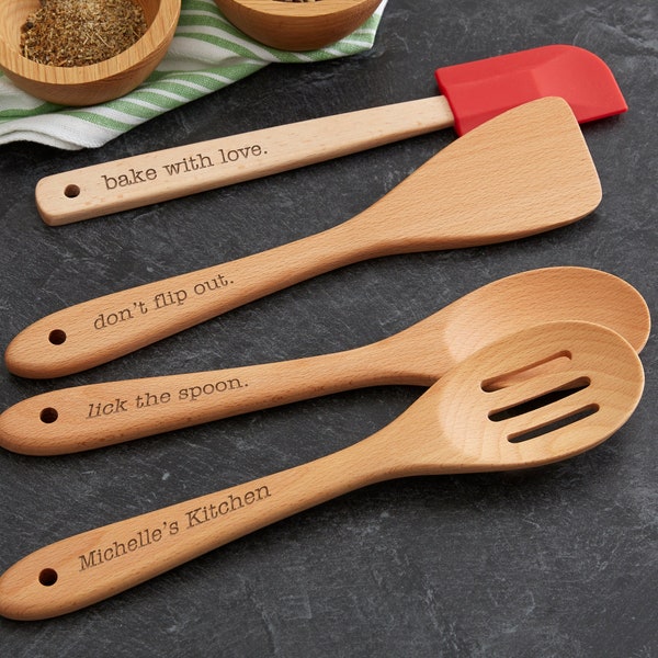 Kitchen Expressions Personalized Beechwood Utensils 4 Piece Set, Gifts for Home, Housewarming Gift, Mother's Day Gift, Christmas Gift