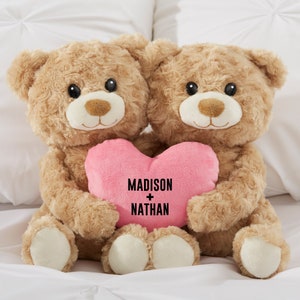 Romantic Personalized Hugging Bears with Pink Heart, Personalized Valentine&#39;s Day Teddy, Gift for Her, Girlfriend Gift, Custom Teddy Bear