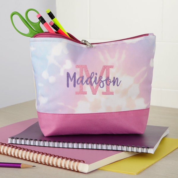 Playful Name Embroidered Tie Dye Pencil Bag, Personalized School Supplies, Back To School Supplies, Personalized Pencil Case, Gifts for Kids
