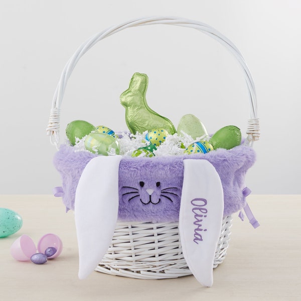 Personalized Purple Bunny Easter Basket Liner & White Basket with Folding Handle, Easter Baskets, Easter Gifts, Gifts for Kids, Kids Gifts