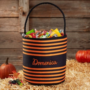 Black & Orange Stripes Embroidered Halloween Trick or Treat Bag, Custom Treat Bags, Custom Halloween for Kids, Personalized Halloween Bags