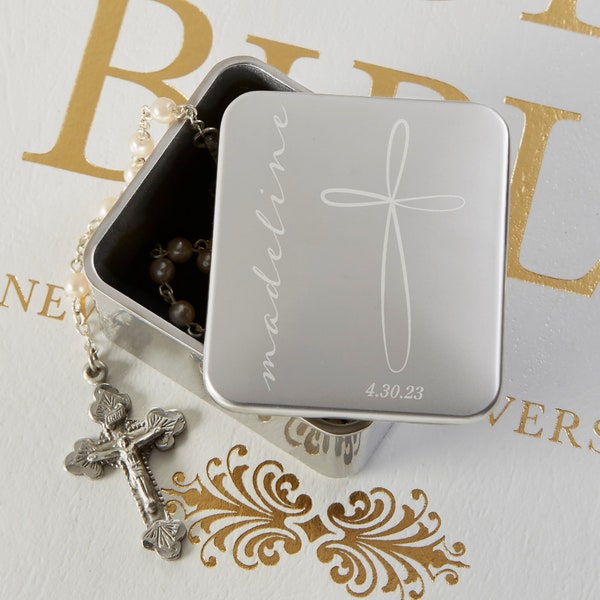 Holy Name Personalized First Communion Trinket Rosary Box, Engraved Jewelry Box, First Communion Gift, Religious Gift