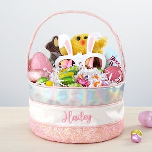 Embroidered Iridescent Pink Easter Basket, Easter Baskets, Kids Easter Gifts, Easter, Easter Gifts, Personalized Easter Baskets, Gift Basket