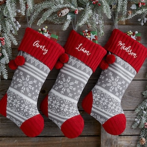 Knit Snowflake Personalized Christmas Stocking, Custom Stockings, Personalized Holiday Stocking, Embroidered Stocking, Christmas Decor