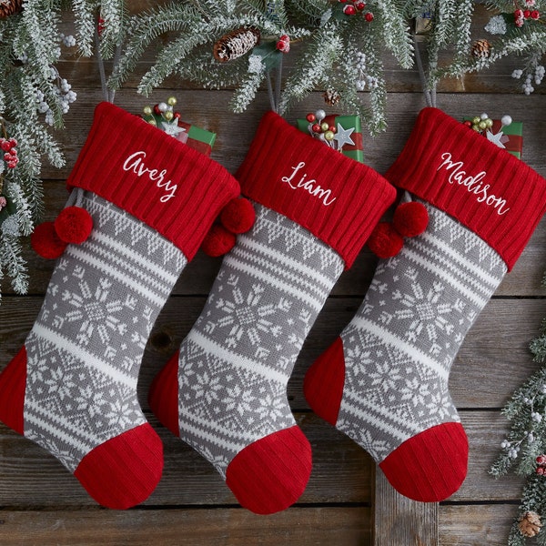 Knit Snowflake Personalized Christmas Stocking, Custom Stockings, Personalized Holiday Stocking, Embroidered Stocking, Christmas Decor
