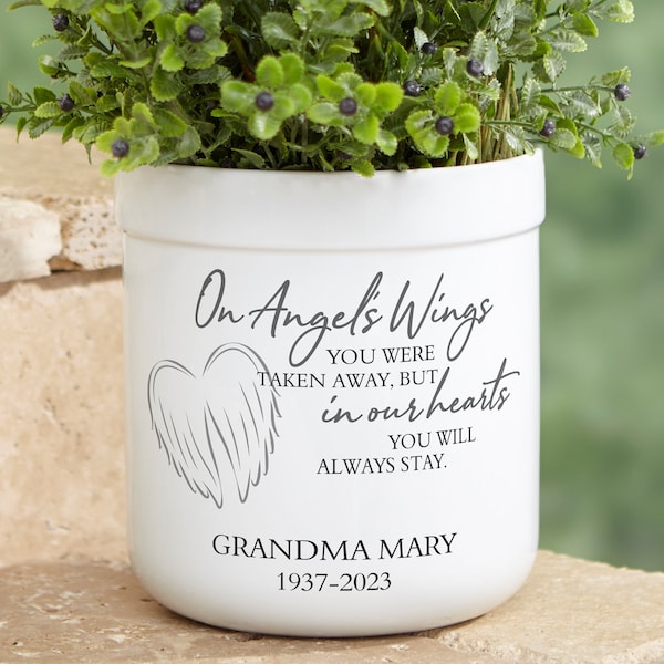 On Angel's Wings Personalized Memorial Outdoor Flower Pot, Personalized Memorial Gifts, Custom Sympathy Gift, In Loving Memory, Gift For Mom