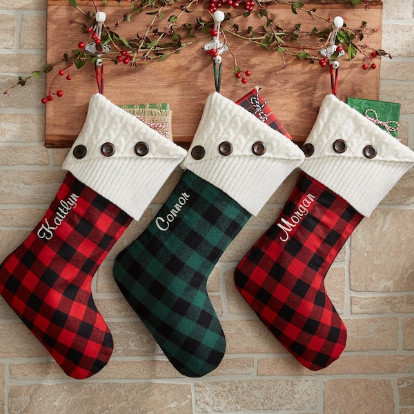Buffalo Check Personalized Christmas Stocking, Farmhouse Christmas, Christmas Home Decor, Custom Holiday Stockings, Family Stocking