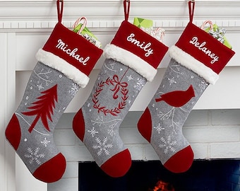 Wintertime Wishes Personalized Christmas Stockings, Grey Stockings, Family Stockings, Fancy Stockings, Retro Christmas Stockings
