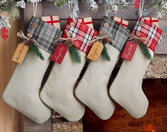 Plaid Evergreen Personalized Christmas Stocking, Farmhouse Christmas, Christmas Home Decor, Custom Holiday Stockings, Family Stocking