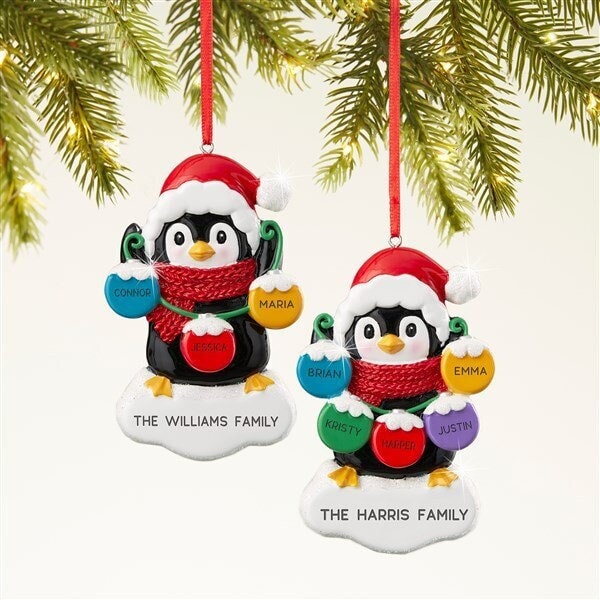 Winter Penguin Personalized Ornament, Animal Ornament, Penguin Family Ornament, Family Ornament, Penguin Lights Ornament, Kid's Ornament