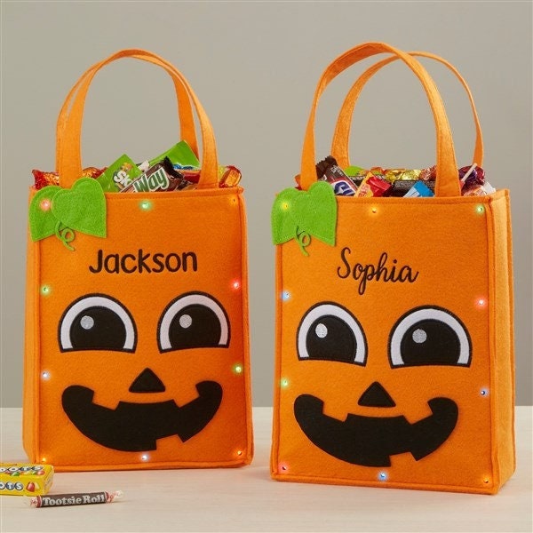 Pumpkin Embroidered Light Up Halloween Treat Bag, Light-Up Bag, Kids, Children, Trick or Treating, Trick or Treat Bag, Halloween, Candy Bag