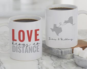 Personalized Long Distance White 11oz Coffee Mug – Custom State Mug for Couples Friends Family – Love Knows No Distance Gift