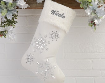 Season's Sparkle Embroidered Ivory Stocking, Custom Christmas Stocking, Personalized Stocking, Family Stockings, Custom Stocking