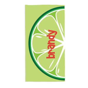 May include: A green beach towel with a lime wedge design and the word "Brandy" in red letters.