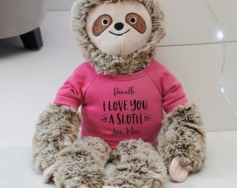 I Love You a Sloth Personalized Plush Sloth Stuffed Animal with Raspberry Shirt, Stuffed Animals, Kids Gift, Valentine's Day Gift, Sloth