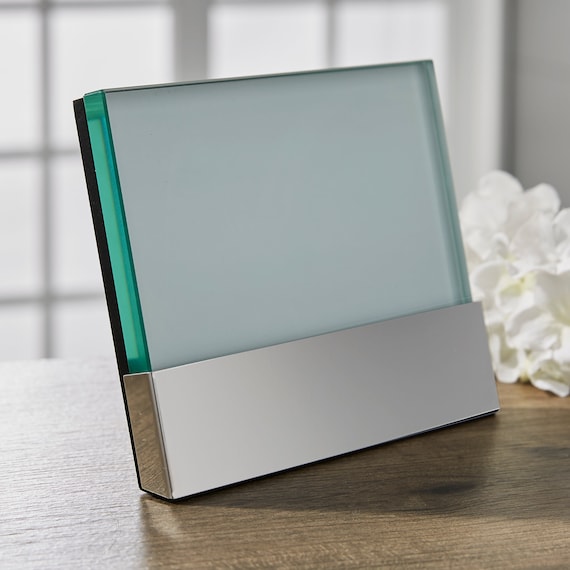 Simple and Sweet Engraved Glass Block Silver Base Picture Baby