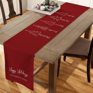 May include: Red table runner with a white design of stylized Christmas trees and the text "Happy Holidays The Anderson Family".
