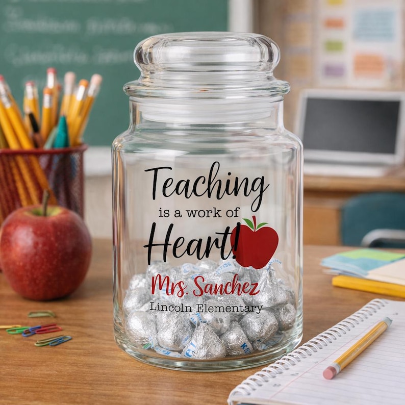 Personalized Teacher Glass Candy Jar – Teaching Is a Work of Heart Gift – Custom Teacher Appreciation Jar – Teacher Thank You Candy Jar image 3