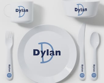 Personalized Kids Unbreakable Dinnerware Set – Custom Name Plate – Bowl – Cup – Utensils