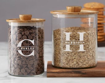 Personalized Lavish Last Name Glass Jar with Acacia Lid – Custom Engraved Container