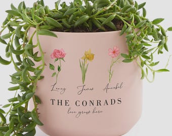 Personalized Birth Month Flower Planter – Custom Family Name Pink Ceramic Plant Pot – Mother’s Day Gift Flower Pot with Names