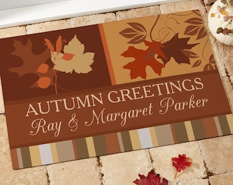 Happy Autumn Custom Doormat – Personalized Fall Welcome Mat – Front Porch Decor – Farmhouse Entryway Rug