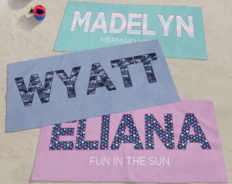 Personalized Pattern Kids Beach Towel – Custom Name Pool Towel – Embroidered Name Bath Towels – Fun Summer Birthday Gift for Children