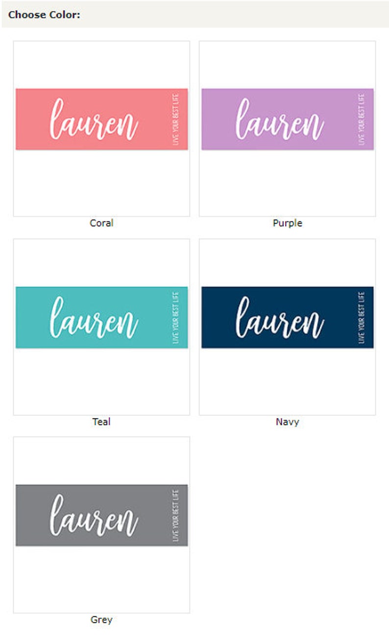 Pu&ograve; includere: Cinque opzioni di colore per una bottiglia d'acqua personalizzata con il nome "lauren" e il testo "Live Your Best Life". I colori sono corallo, viola, verde acqua, blu navy e grigio.