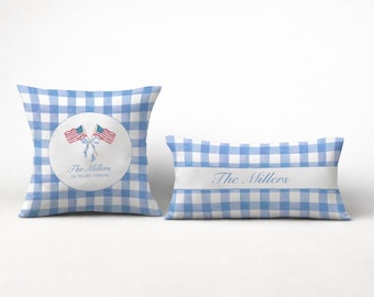 Personalized Patriotic Outdoor Pillow – Custom Name Throw Pillow – Americana Gingham Pillow – 4th of July Home Decor