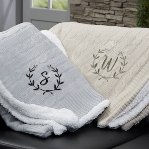 Floral Wreath Personalized Sherpa Blanket, Personalized Throw Blanket, Embroidered Blanket, Custom Throw Blanket, Personalized Blanket