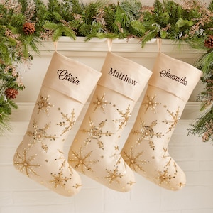 Golden Sparkle Snowflake Embroidered Christmas Stocking, Christmas Home Decor, Custom Holiday Stockings, Family Stocking, Snowflake Stocking