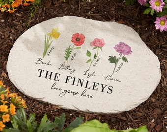 Birth Month Flower Personalized Round Garden Stone, Birth Flower Garden Stone, Outdoor Decor, Garden Decor, Mother's Day Gift, Gifts for Her