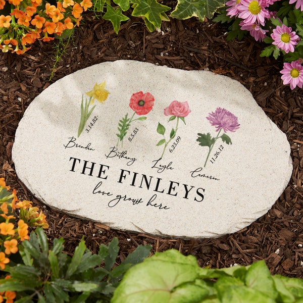 Birth Month Flower Personalized Round Garden Stone, Birth Flower Garden Stone, Outdoor Decor, Garden Decor, Mother's Day Gift, Gifts for Her