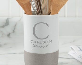 Family Laurel Personalized Monogram Utensil Holder, Custom Kitchenware, Personalized Home Decor