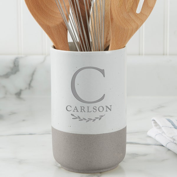 Family Laurel Personalized Monogram Utensil Holder, Custom Kitchenware, Personalized Home Decor