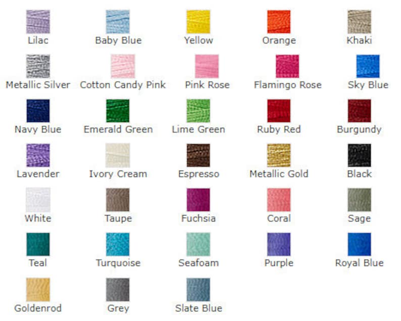 Puede incluir: Una carta de colores con 25 colores de hilo diferentes, incluyendo lila, azul beb&eacute;, amarillo, naranja, caqui, plata metalizada, rosa algod&oacute;n de az&uacute;car, rosa, rosa flamenco, azul cielo, azul marino, verde esmeralda, verde lima, rojo rub&iacute;, burdeos, lavanda, crema marfil, espresso, oro metalizado, negro, blanco, topo, fucsia, coral, salvia, azul verdoso, turquesa, verde agua, morado, azul real, amarillo dorado, gris y azul pizarra.