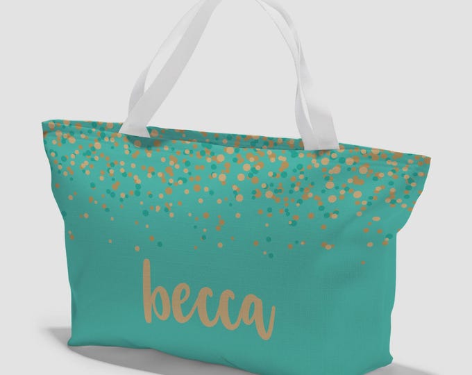 Personalized Sparkling Name Tote Bag – Teal Confetti Travel Purse
