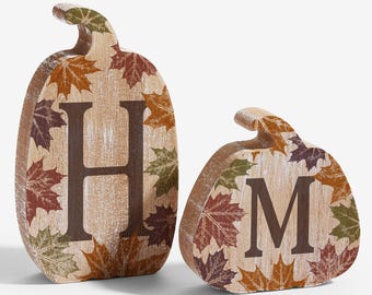 Rustic Wooden Pumpkin with Initial Monogram – Personalized Fall Shelf Décor