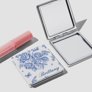 Personalized Blue Floral Toile Compact Mirror – Bridesmaid Proposal Gifts – Custom Pocket Mirror for Women