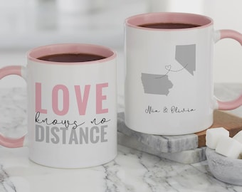 Personalized Long Distance Pink 11oz Coffee Mug – Custom State Mug for Couples Friends Family – Love Knows No Distance Gift