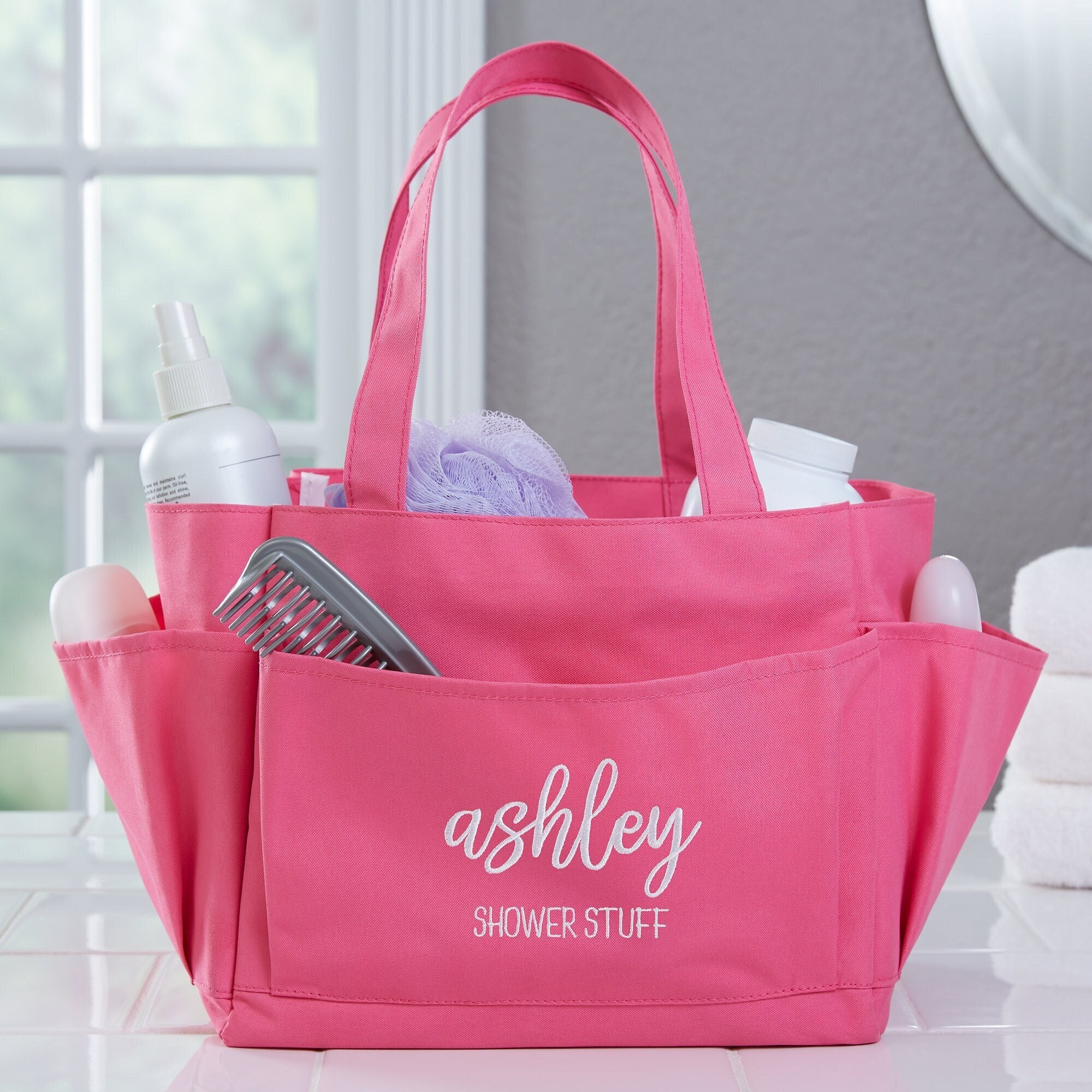 Scripty Name Embroidered Pink Shower Caddy, Gift for College