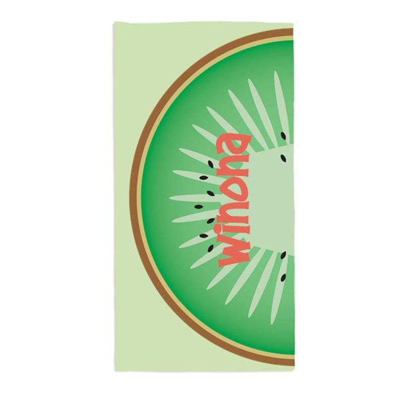 May include: A green and brown kiwi fruit with the word "Winona" written in red on it. The kiwi is on a light green background.