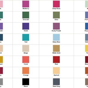 May include: A colour chart with 24 different colour swatches, each labelled with a colour name. The colours include pink, mulberry, deep rose, mint, jade, emerald, olive, periwinkle, lavender, violet, dusty purple, royal blue, navy, teal, baby blue, slate blue, peach, beige, matte gold, yellow, mustard, coral, red, burgundy, ruby, orange, apricot, rust, grey, black, steel grey, and taupe.