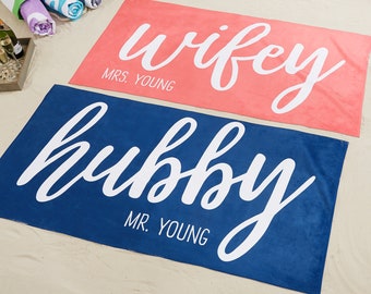 Wifey & Hubby Personalized Beach Towel, Honeymoon Gifts, Personalized Bath Towel, Wedding Gift, Mr and Mrs, Gifts for Couples, Travel Gift