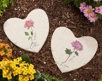 Birth Month Flower Personalized Small Heart Garden Stone, Birth Flower Garden Stone, Garden Decor, Gifts for Her, Mother's Day Gifts