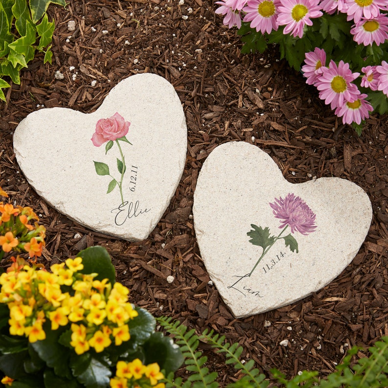 Birth Month Flower Personalized Small Heart Garden Stone, Birth Flower Garden Stone, Garden Decor, Gifts for Her, Mother's Day Gifts image 1