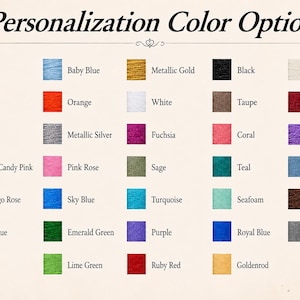 K&ouml;nnte beinhalten: Eine Farbkarte mit der Aufschrift "Personalisierungs-Farboptionen" zeigt eine Vielzahl von Farbmustern. Zu den Farben geh&ouml;ren Flieder, Babyblau, Metallicgold, Schwarz, Cremewei&szlig;, Gelb, Orange, Wei&szlig;, Taupe, Burgunderrot, Khaki, Metallsilber.